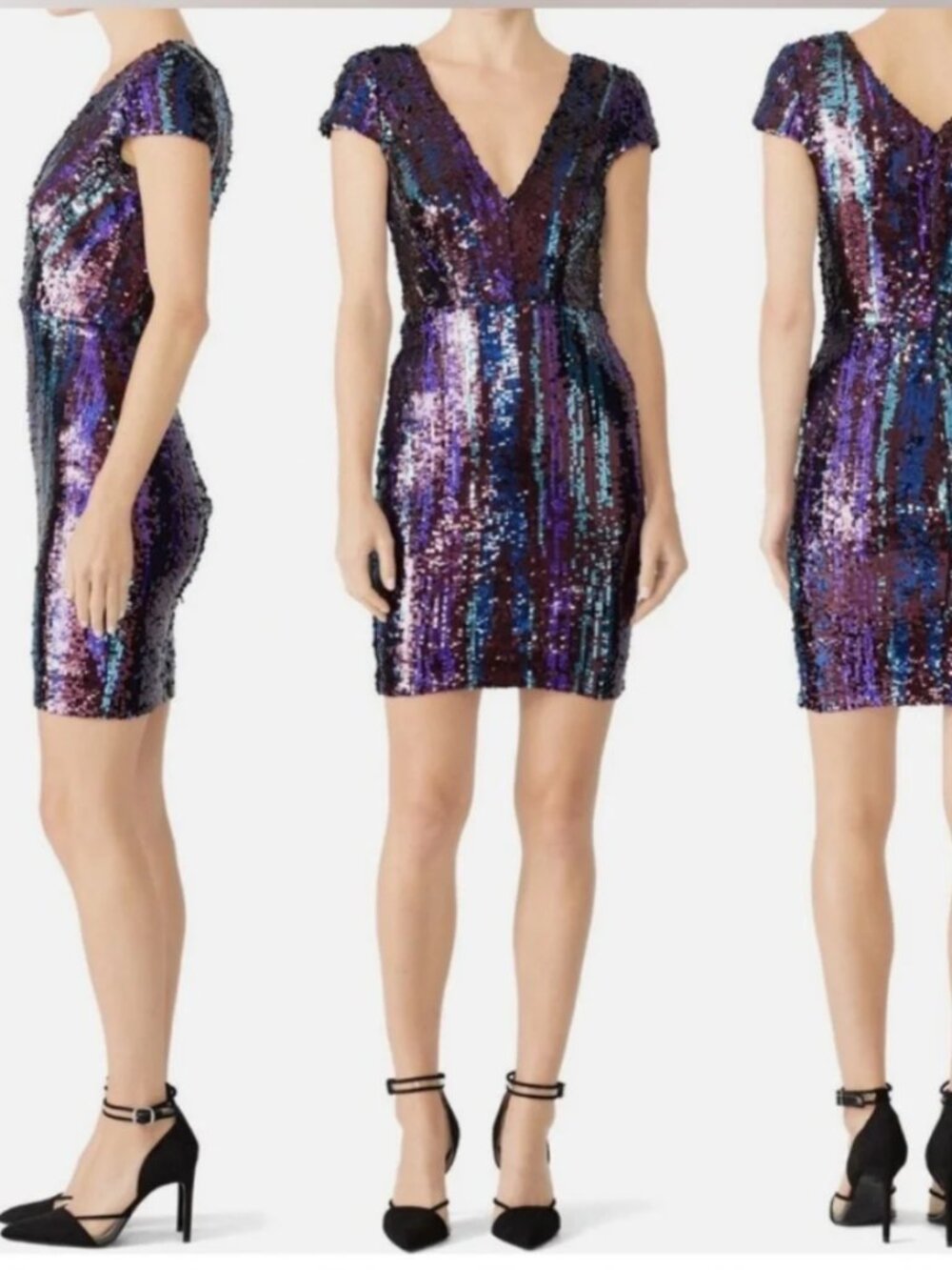 NWT Dress The Population Size Medium Iridescent Purple Teal Sequin Midi Dress - Picture 6 of 13